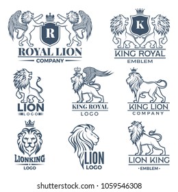 Design template of logos or badges with lions illustrations. Vector king lion logo, wild badge leo brand of set