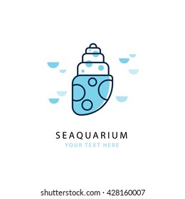 Design template of logotype with shell in trendy linear style. Perfect brand symbol for travel or marine company, tourism. Logo template. Also suitable for emblem of diving, dolphinarium, oceanarium.