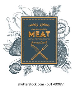 Design template for meat market. Menu label with meat meal. Hand-drawn vector illustration