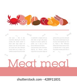 Design template with meat theme page. It contains flat crab, chicken, ham and more.