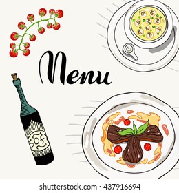 design template for menu or flyer with dishes and bottle