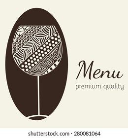 Design template for menu with a wineglass in the style of zentangle. Hand-drawn.