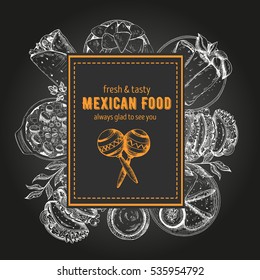 Design template for mexican restaurant, cafe or eatery. Menu label with Mexican dishes. Hand-drawn vector illustration.