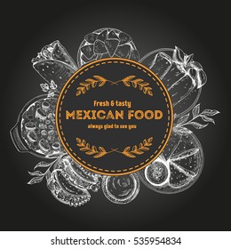 Design template for mexican restaurant, cafe or eatery. Menu label with Mexican dishes. Hand-drawn vector illustration.