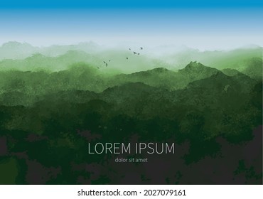 Design template with misty green forest mountains and place for your text.