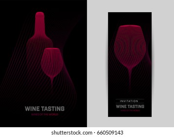 Design template with modern illustration of wine glass and bottle. Vector illustration.