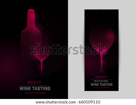 Design template with modern illustration of wine glass and bottle. Vector illustration.
