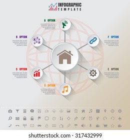 Design template: Modern Infographic complement template with 7 Button circles and set of icons