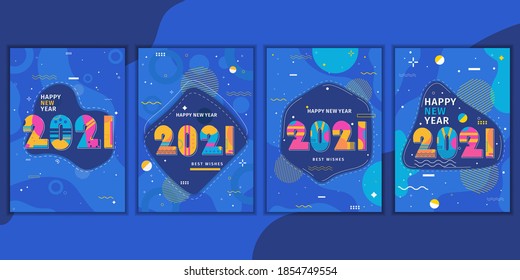 Design template new year 2021 concept. Poster set with geometric shapes and pattern. Design for greeting card, poster, cover, invitation, brochure, flyer cover, Vector illustration.