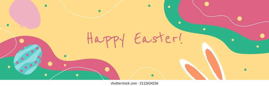 Design template on colorful backdrop. Poster, card, banner design. Happy easter card. Vector template. Festive illustration. Easter eggs, rabbit. Spring season.
