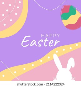 Design template on colorful backdrop. Poster, card, banner design. Happy easter card. Vector template. Easter eggs, rabbit. Spring season. Festive vector postcard, holiday event poster.