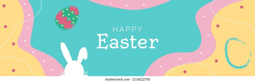 Design template on colorful backdrop. Poster, card, banner design. Happy easter card. Festive vector illustration. Easter eggs, rabbit. Spring season.