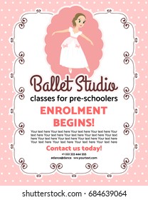 Design template on pink dots background with flourish frame, pretty little princess ballerina dancing in white gown vector illustration, place for text, for enrollment announcement or other promo. 