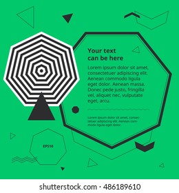 Design template with op art heptagon. Plain geometric shapes in simple minimal banner. Space for text in graphic background. Abstract objects poster. Optical illusion polygon cover. Pastel style.