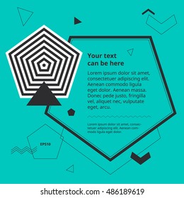 Design template with op art pentagon. Plain geometric shapes in simple minimal banner. Space for text in graphic background. Abstract objects poster. Optical illusion polygon cover. Pastel style.