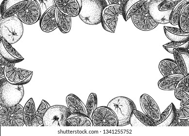 Design template with orange fruit in engraving stile. Sweet and fresh fruit element for menu, greeting cards, wrapping paper, cosmetics packaging, labels, tags, posters etc