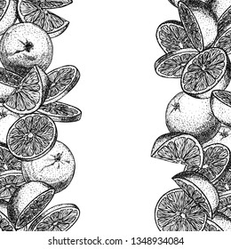 Design template with orange fruit in engraving stile. Sweet and fresh fruit element for menu, greeting cards, wrapping paper, cosmetics packaging, labels, tags, posters etc