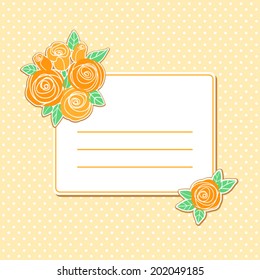 Design template with orange roses and place for text on a light yellow background with polka dots