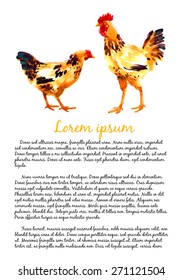 Design template with orange-red watercolor hens and roosters