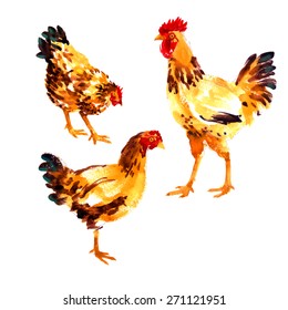 Design template with orange-red watercolor hens and roosters