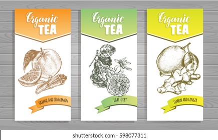 Design template for organic tea with different flavors. Cards with ink hand drawn citrus fruits and spices on a wooden background. Vector illustration.