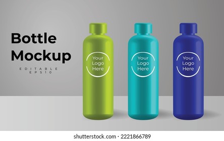 Plantilla de diseño de la maqueta de empaque, realistas 3d verde, azul claro y azul oscuro vacío de metal reutilizable agua colorida botella aislada en el fondo.