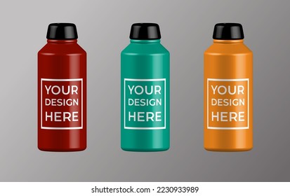Design template of packaging mockup, realistic 3d green, light blue and dark blue empty glossy metal reusable water colorful bottle isolated on background.