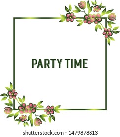 Design template for party time, vintage frame, with beautiful flower. Vector