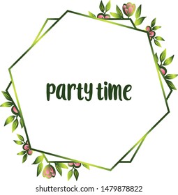 Design template for party time, vintage frame, with beautiful flower. Vector