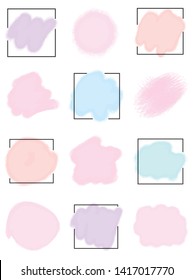 Design template with pastel colors. Dry brush strokes with frame. Digital watercolor splatters. Colorful collection of pastels. Bright colors set for design background.