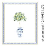 Design template with pattern and sicilian lemons with leaves. Ceramic majolica border, invitation template with patchwork. Citrus lemon tree in a blue vase.