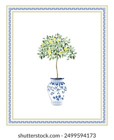 Design template with pattern and sicilian lemons with leaves. Ceramic majolica border, invitation template with patchwork. Citrus lemon tree in a blue vase.