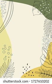 Plantilla de diseño con lugar para el texto, formas fluidas de colores cálidos, contornos de hojas tropicales de palma en un estilo sencillo y moderno. fondos, fondos de pantalla de medios sociales, papel de oficina, tarjetas de felicitación