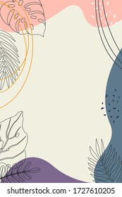 Design template with place for text, flowing shapes of warm colors, contours of tropical palm leaves in a simple modern style. backgrounds and frames for wedding invitations, social media wallpapers, 