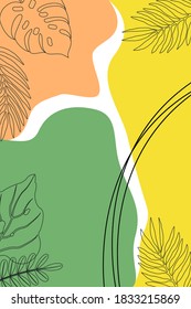 Design template with place for text, flowing shapes of warm colors, contours of tropical palm leaves in a simple modern style. background  invitations, social media wallpapers