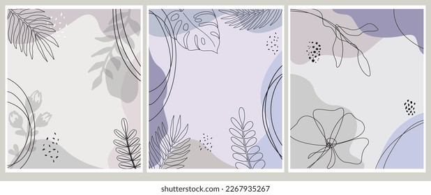 Design template with place for text, flowing shapes, contours of tropical palm leaves in simple modern style. backgrounds and frames for wedding invitations, social media wallpapers, stationery, card