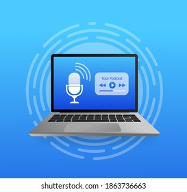 Design template with podcast display. Mobile interface design. Laptop screen. Template media player. Podcast icon vector.