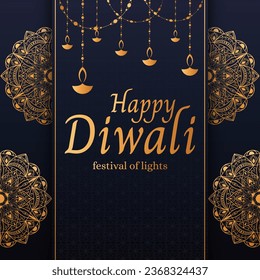 Design template for postcard, invitation, poster, flyer for Diwali - Indian festival of lights. Background with golden mandala and luxury pattern.