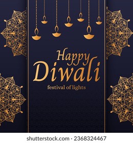 Design template for postcard, invitation, poster, flyer for Diwali - Indian festival of lights. Background with golden mandala and luxury pattern.