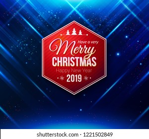 Design template for poster or card. Festive dark blue background with sparkling starlights, rays of light and warm glow, flare effects. Red hexagonal Merry Christmas and Happy New Year 2019 label.