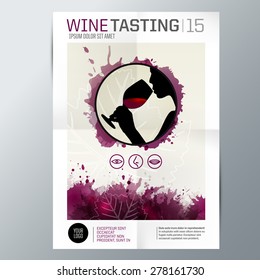 Design template for poster, leaflet, invitation or cover wine tasting. Wine tasting icons. Silhouette of woman tasting wine. Vector Illustration