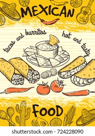 Design template of poster with mexican food. Vintage banner mexican food, restaurant banner flyer. Vector illustration