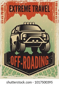 Design template of poster in retro style with suv big car. Off road adventure machine car 4x4. Vector illustration