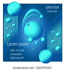 Design template poster trend gradient turquoise color. Abstract background with geometric shapes, spheres, stripes. Cover post, print, brochure, poster, flyer with place for text. 