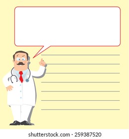 Design template for prescription or memory stick,  with funny man doctor in white coat with stethoscope, showing by hand, on light-yellow background with lines and balloon