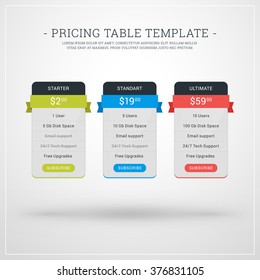 Design Template for Pricing Table for Websites and Applications. Flat Style UI. Vector Illustration