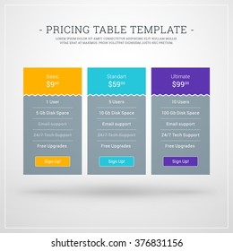 Design Template for Pricing Table for Websites and Applications. Flat Style UI. Vector Illustration