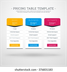 Design Template for Pricing Table for Websites and Applications. Flat Style UI. Vector Illustration