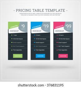 Design Template for Pricing Table for Websites and Applications. Flat Style UI. Vector Illustration