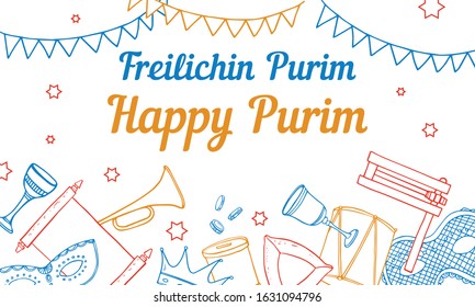 Design template for Purim with traditional objects on the bottom of the page. Title in Yiddish Happy Purim. Hand drawn outline colorful vector sketch illustration